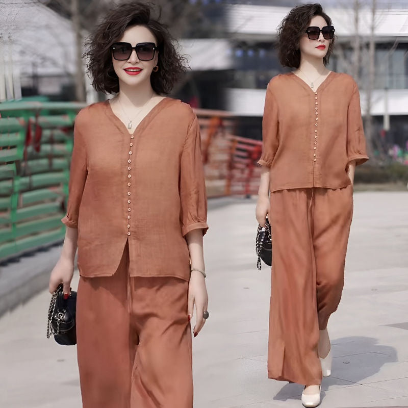 🌸Spätsommerschlussverkauf 🌸Zeitlich begrenzt 47 % RABATT💕Je mehr Sie kaufen, desto höher ist der Rabatt💕2-teiliges Set aus Button-Down-Oberteil und Hose mit weitem Bein