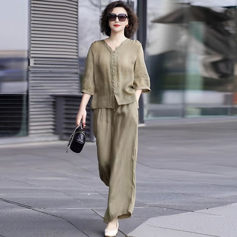 🌸Spätsommerschlussverkauf 🌸Zeitlich begrenzt 47 % RABATT💕Je mehr Sie kaufen, desto höher ist der Rabatt💕2-teiliges Set aus Button-Down-Oberteil und Hose mit weitem Bein