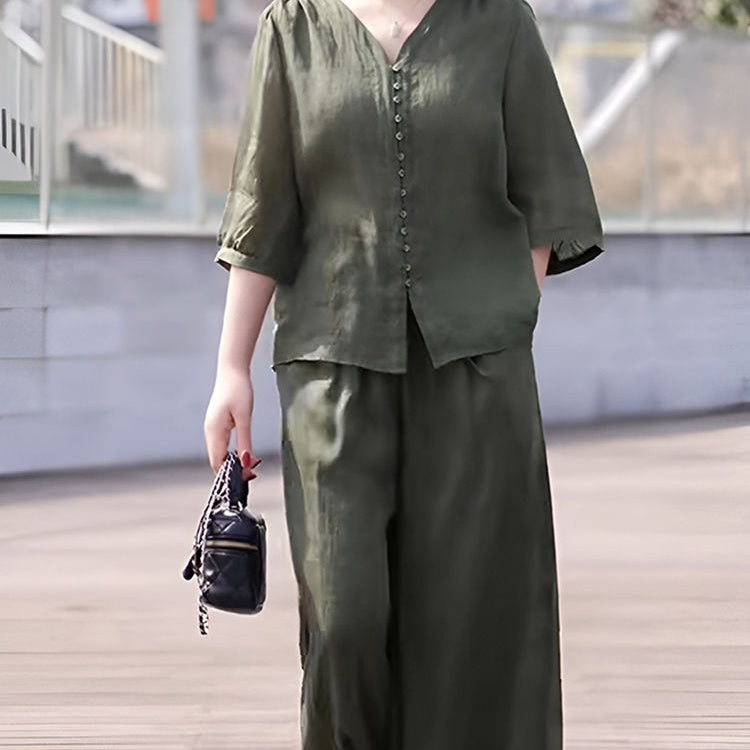 🌸Spätsommerschlussverkauf 🌸Zeitlich begrenzt 47 % RABATT💕Je mehr Sie kaufen, desto höher ist der Rabatt💕2-teiliges Set aus Button-Down-Oberteil und Hose mit weitem Bein