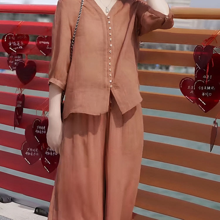 🌸Spätsommerschlussverkauf 🌸Zeitlich begrenzt 47 % RABATT💕Je mehr Sie kaufen, desto höher ist der Rabatt💕2-teiliges Set aus Button-Down-Oberteil und Hose mit weitem Bein