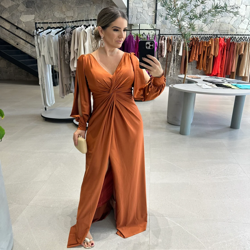 Glänzendes, fließendes, einfarbiges, bodenlanges Kleid für Damen