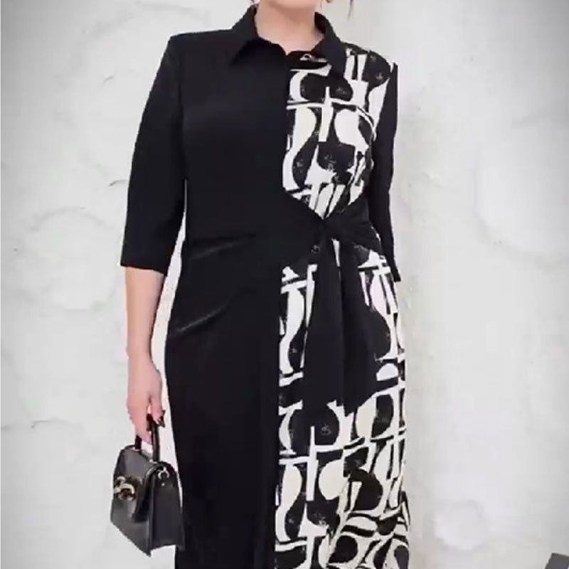 👗Kleid mit 3/4-Ärmeln, Farbblock-Print, Revers und Schlitz👗