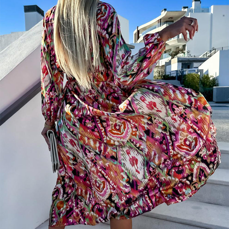 Bedrucktes, langärmliges Kleid mit V-Ausschnitt und Schlitz für Damen