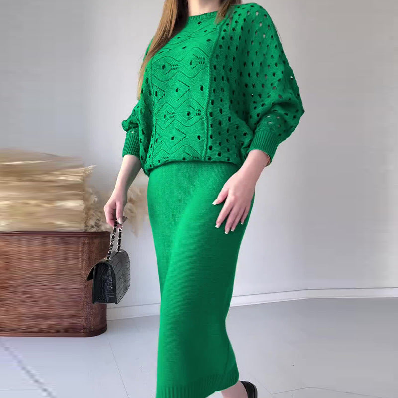 🔥Herbst-Neuankünfte🔥Gestricktes durchbrochenes langärmeliges Top & ärmelloses Kleid Set