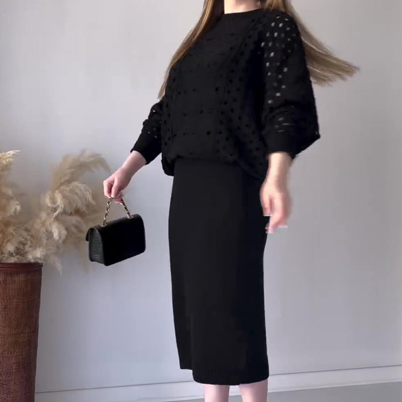 🔥Herbst-Neuankünfte🔥Gestricktes durchbrochenes langärmeliges Top & ärmelloses Kleid Set