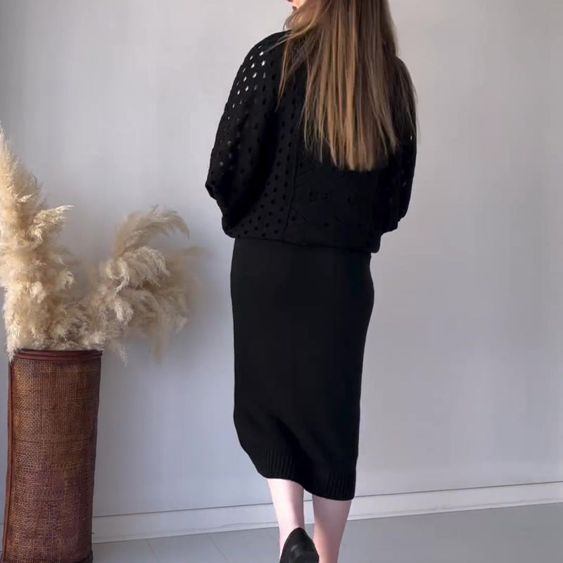 🔥Herbst-Neuankünfte🔥Gestricktes durchbrochenes langärmeliges Top & ärmelloses Kleid Set