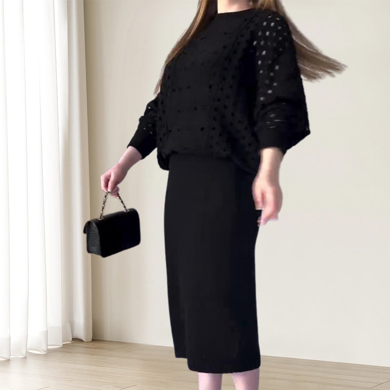 🔥Herbst-Neuankünfte🔥Gestricktes durchbrochenes langärmeliges Top & ärmelloses Kleid Set