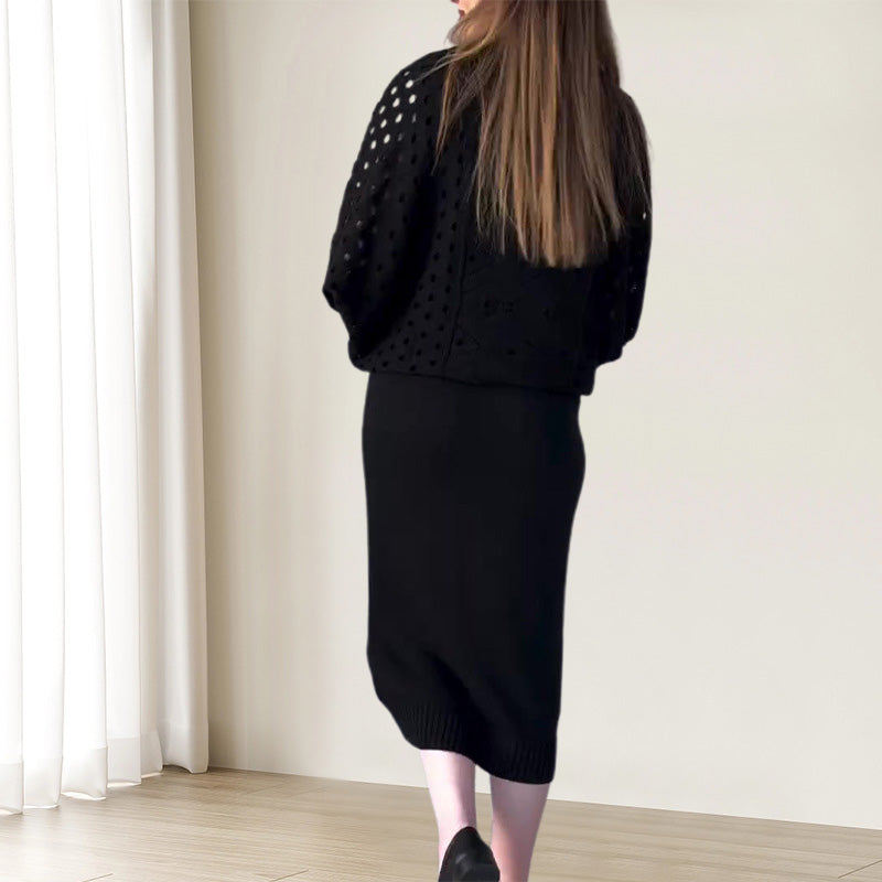 🔥Herbst-Neuankünfte🔥Gestricktes durchbrochenes langärmeliges Top & ärmelloses Kleid Set