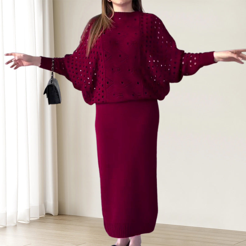 🔥Herbst-Neuankünfte🔥Gestricktes durchbrochenes langärmeliges Top & ärmelloses Kleid Set