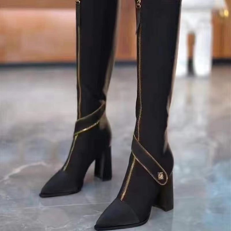 ✨40% Rabatt auf neue Produkte✨ Kniehohe Stiefel mit spitzer Zehenpartie und klobigem Absatz🌸