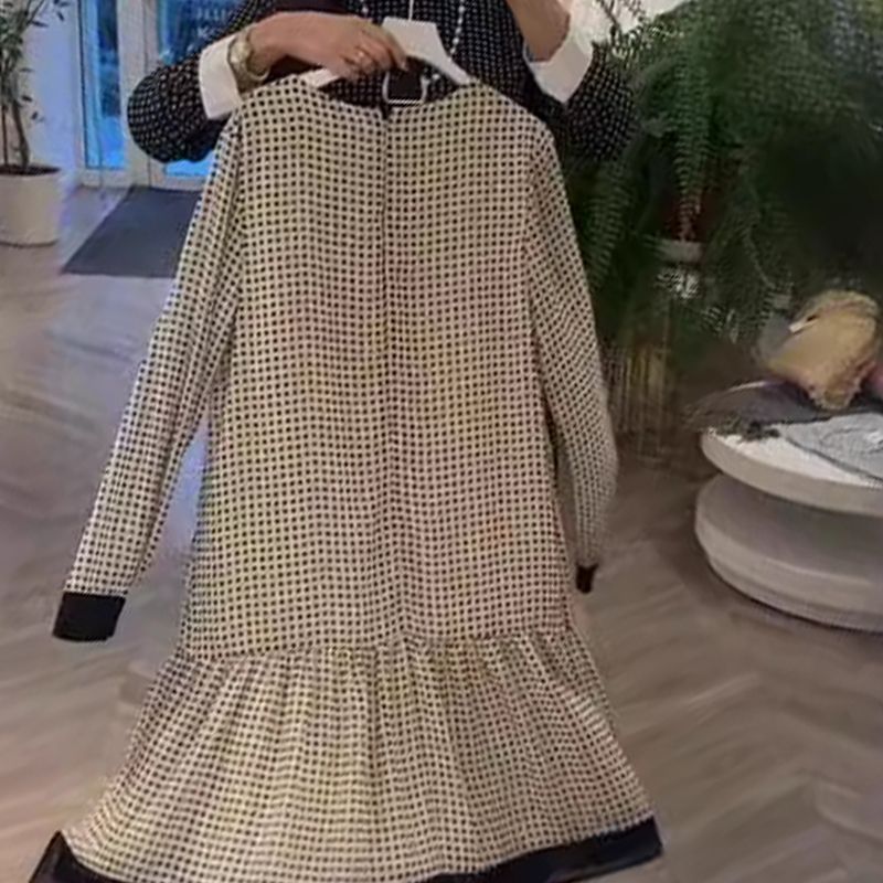 🔥Elegantes Damenkleid mit Rundhalsausschnitt und langen Ärmeln und Punkten