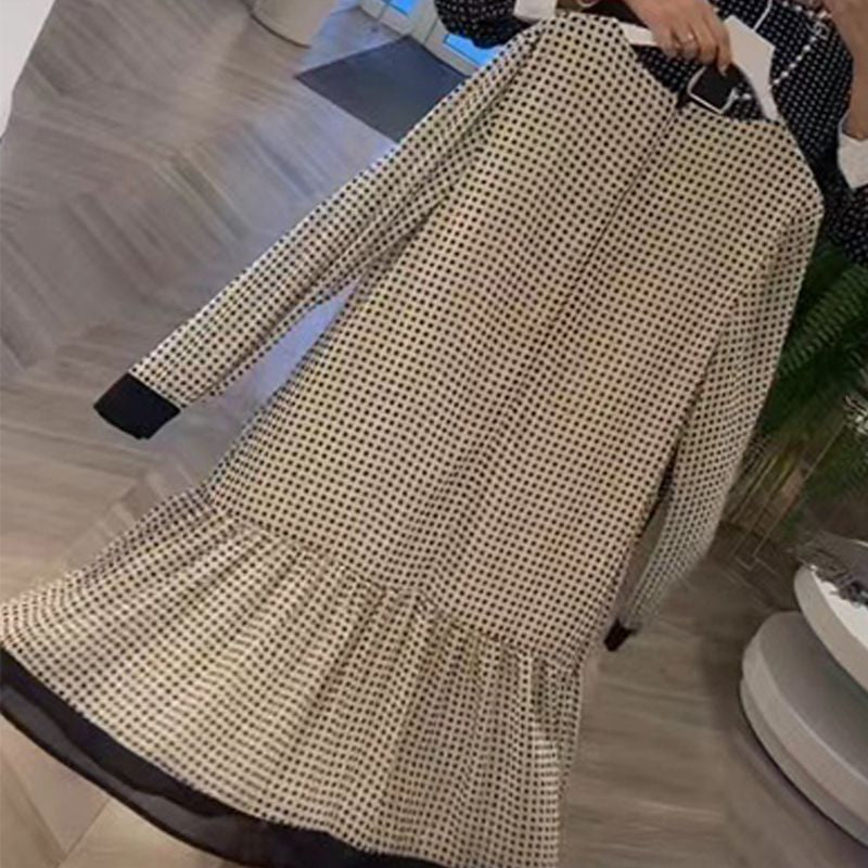 🔥Elegantes Damenkleid mit Rundhalsausschnitt und langen Ärmeln und Punkten