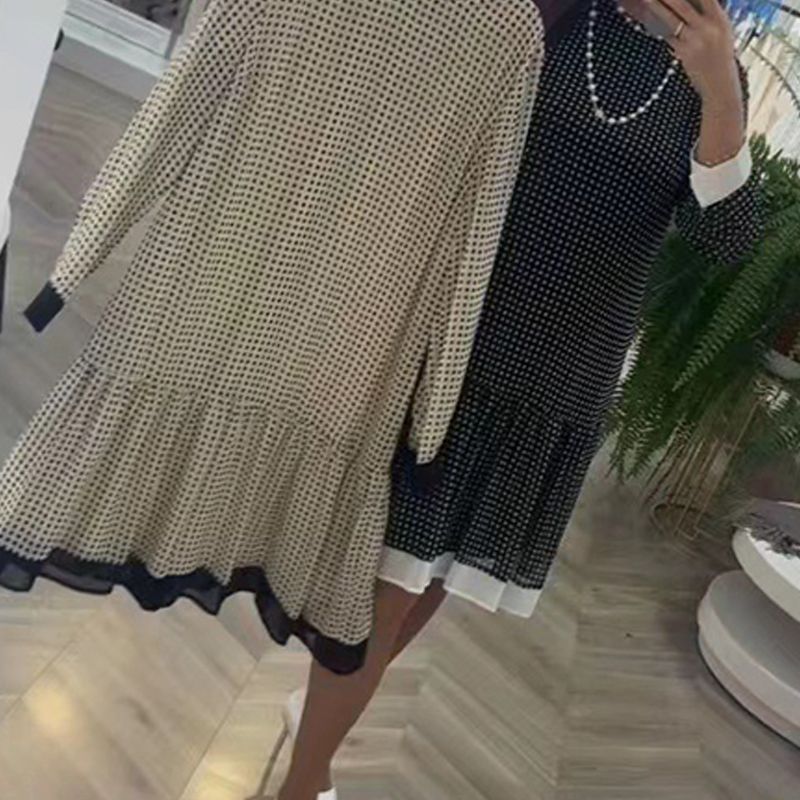 🔥Elegantes Damenkleid mit Rundhalsausschnitt und langen Ärmeln und Punkten