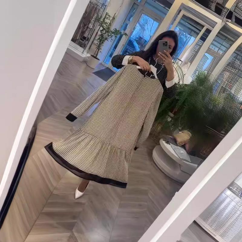 🔥Elegantes Damenkleid mit Rundhalsausschnitt und langen Ärmeln und Punkten
