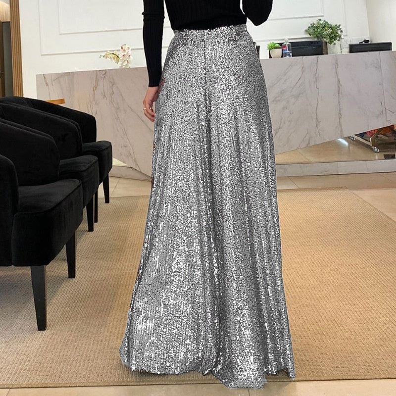 Trendige Paillettenhose mit hoher Taille und weitem Bein für Damen