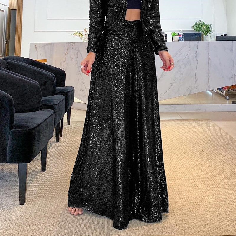 Trendige Paillettenhose mit hoher Taille und weitem Bein für Damen