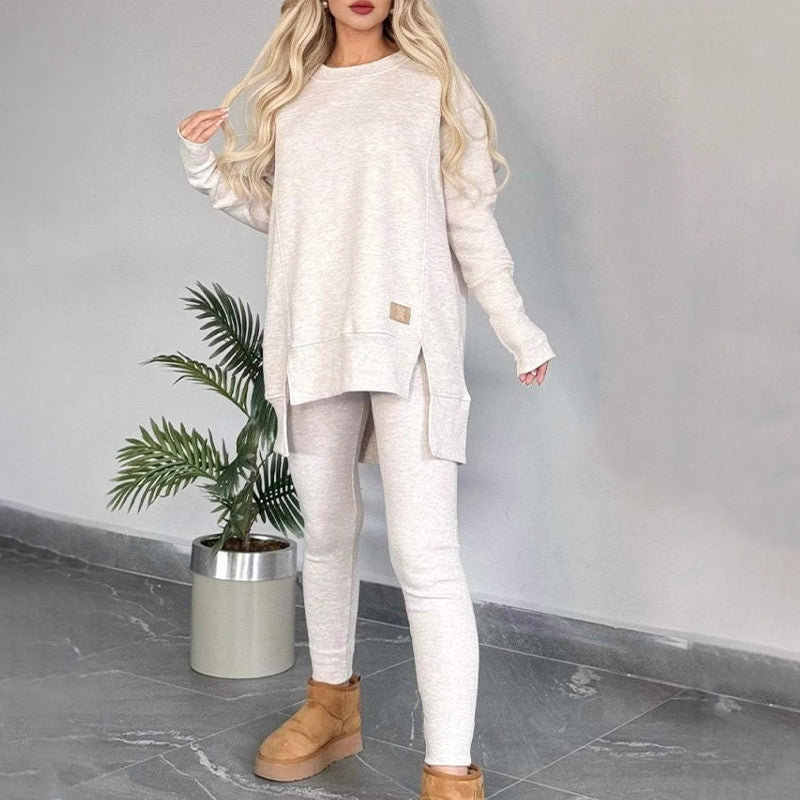 🔥Heißer Neujahrsverkauf🔥Sweatshirt mit hohem Schlitz und niedrigem Saum & Bodycon-Hosen-Set