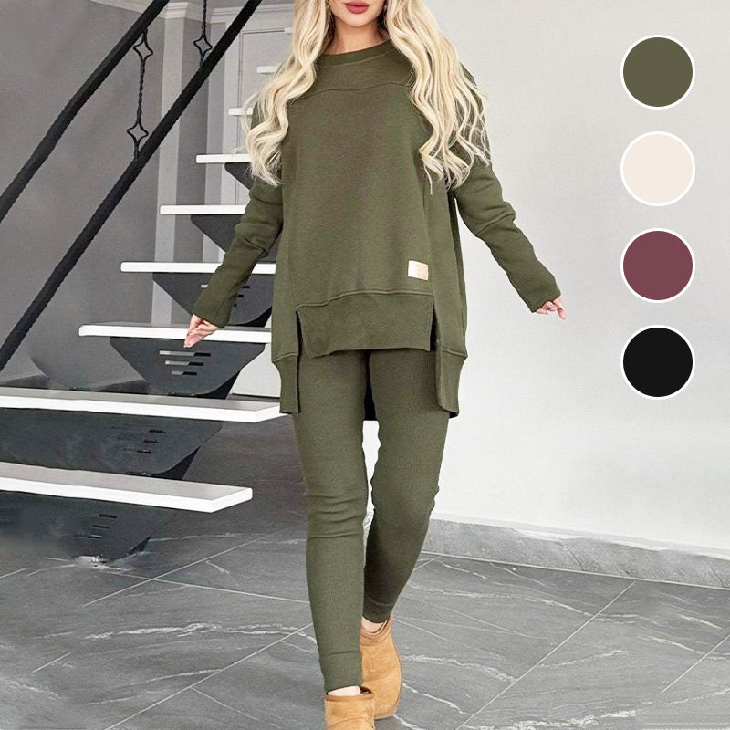 🔥Heißer Neujahrsverkauf🔥Sweatshirt mit hohem Schlitz und niedrigem Saum & Bodycon-Hosen-Set