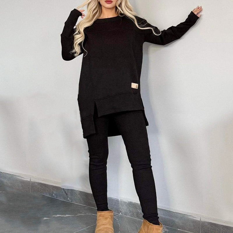 🔥Heißer Neujahrsverkauf🔥Sweatshirt mit hohem Schlitz und niedrigem Saum & Bodycon-Hosen-Set