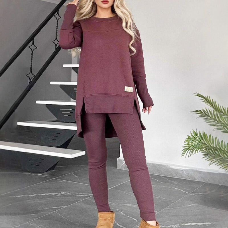 🔥Heißer Neujahrsverkauf🔥Sweatshirt mit hohem Schlitz und niedrigem Saum & Bodycon-Hosen-Set