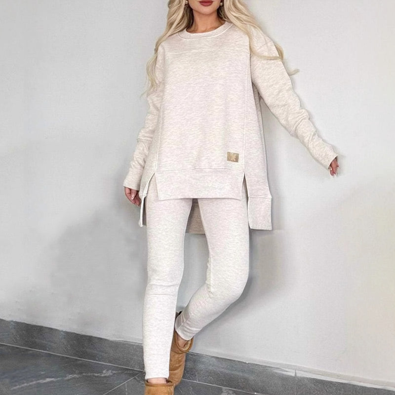 🔥Heißer Neujahrsverkauf🔥Sweatshirt mit hohem Schlitz und niedrigem Saum & Bodycon-Hosen-Set
