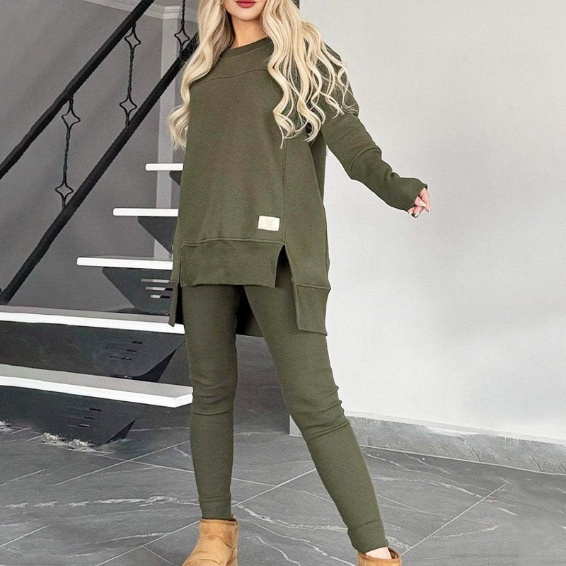 🔥Stil-Upgrade🔥Sweatshirt mit hohem Schlitz und niedrigem Saum & Bodycon-Hosen-Set