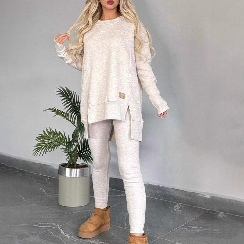 🔥Heißer Neujahrsverkauf🔥Sweatshirt mit hohem Schlitz und niedrigem Saum & Bodycon-Hosen-Set
