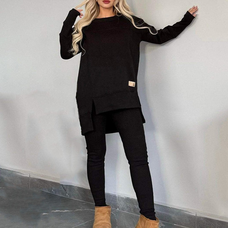 🔥Heißer Neujahrsverkauf🔥Sweatshirt mit hohem Schlitz und niedrigem Saum & Bodycon-Hosen-Set