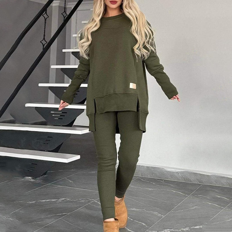 🔥Heißer Neujahrsverkauf🔥Sweatshirt mit hohem Schlitz und niedrigem Saum & Bodycon-Hosen-Set