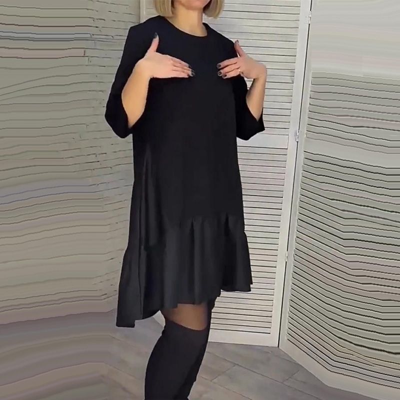 🔥50% Rabatt heute ✨Locker plissiertes elegantes schwarzes Kleid mit siebenzackigen Ärmeln