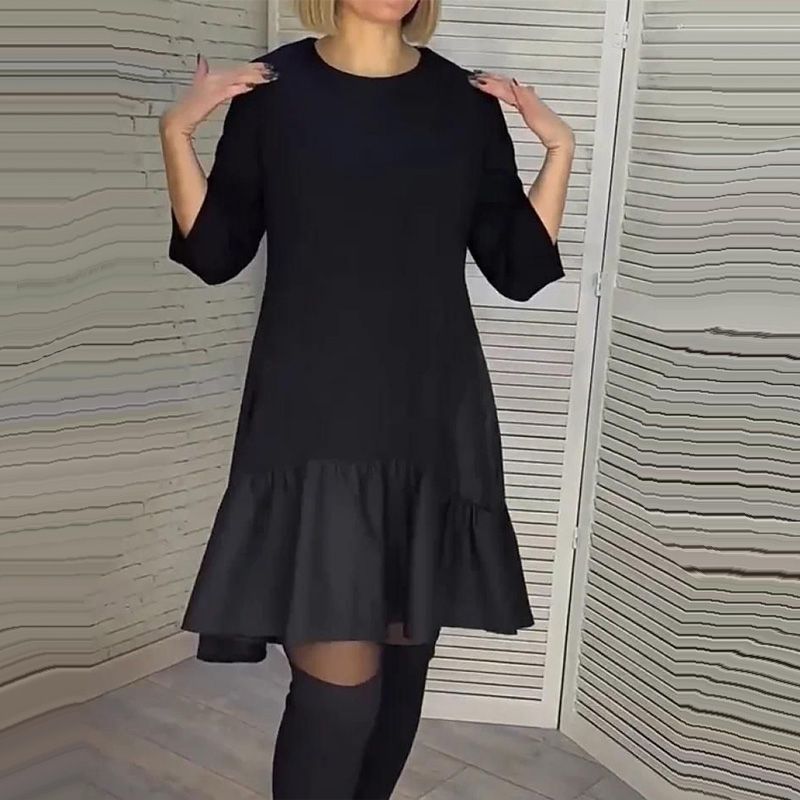 🔥50% Rabatt heute ✨Locker plissiertes elegantes schwarzes Kleid mit siebenzackigen Ärmeln