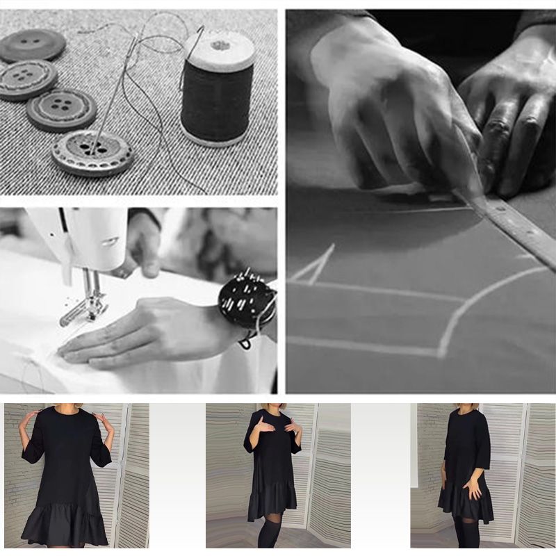 🔥50% Rabatt heute ✨Locker plissiertes elegantes schwarzes Kleid mit siebenzackigen Ärmeln