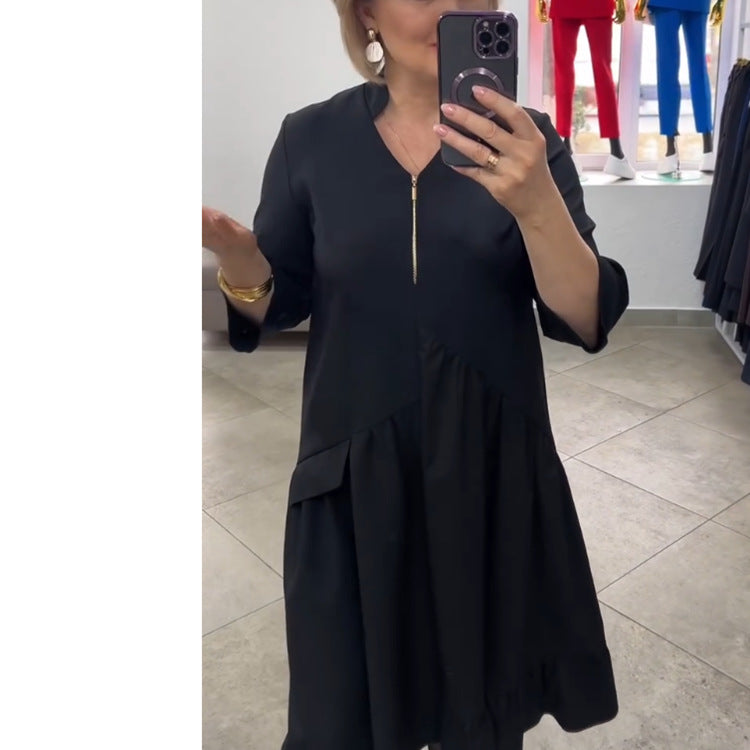 ✨Heiße Neuankömmlinge✨Schwarzes Kleid mit halbem Reißverschluss und V-Ausschnit