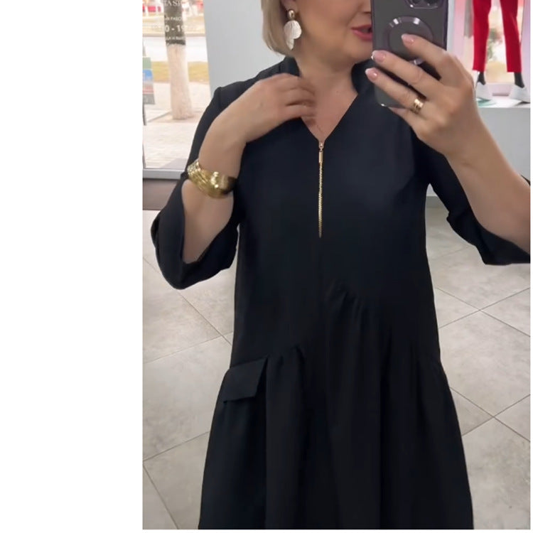 ✨Heiße Neuankömmlinge✨Schwarzes Kleid mit halbem Reißverschluss und V-Ausschnit