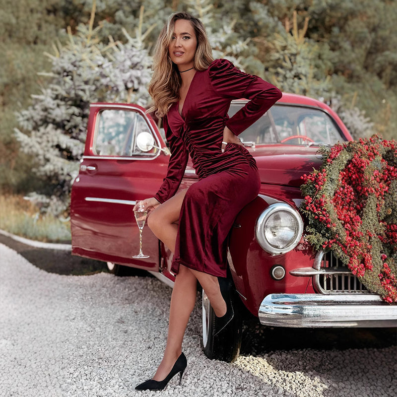 V-Neck Long-Sleeve Wrap Dress With Slit