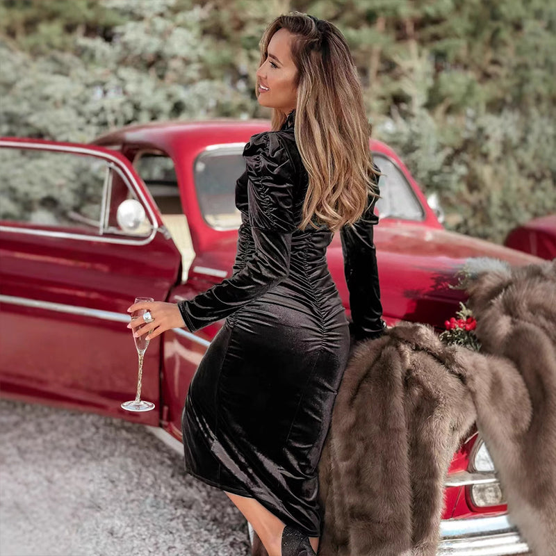 V-Neck Long-Sleeve Wrap Dress With Slit