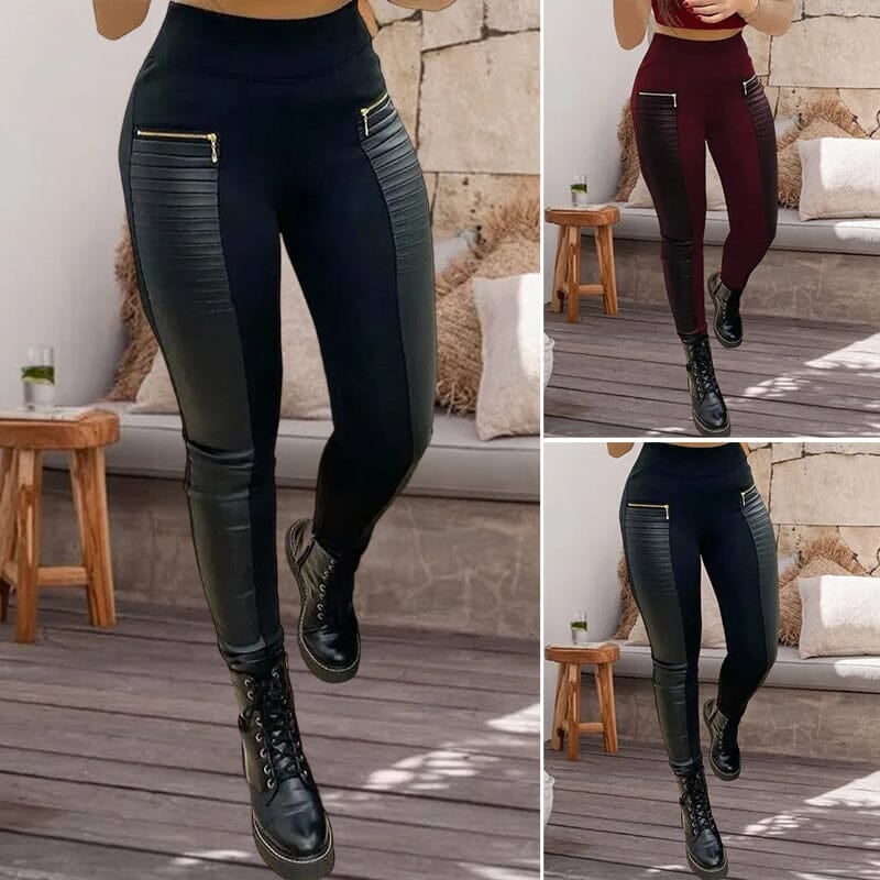 💖Kunstlederhose mit kontrastierendem Besatz und Reißverschluss👖