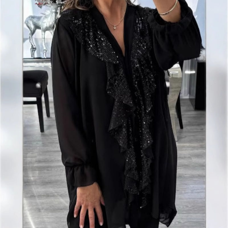 Damen Pailletten Chiffonbluse mit V-Ausschnitt und langen Ärmeln