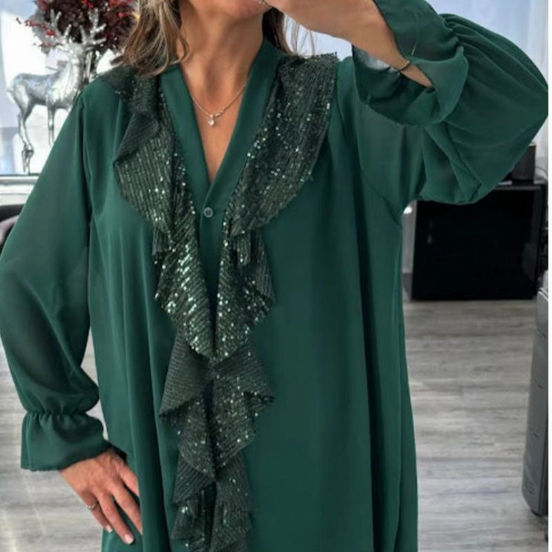 Damen Pailletten Chiffonbluse mit V-Ausschnitt und langen Ärmeln