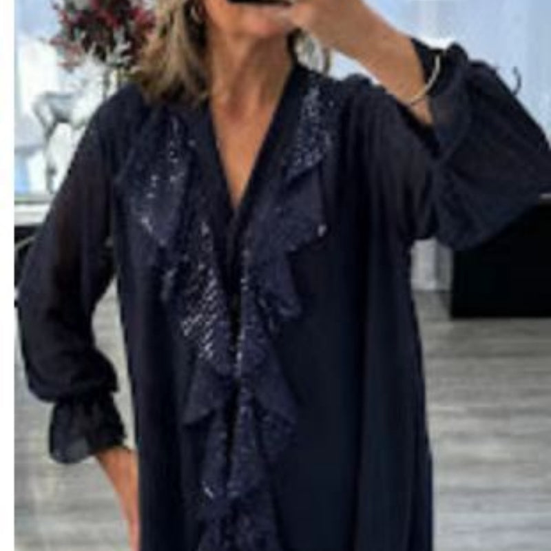 Damen Pailletten Chiffonbluse mit V-Ausschnitt und langen Ärmeln