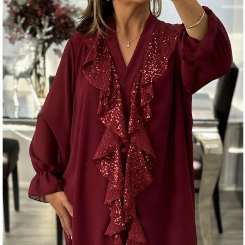 Damen Pailletten Chiffonbluse mit V-Ausschnitt und langen Ärmeln