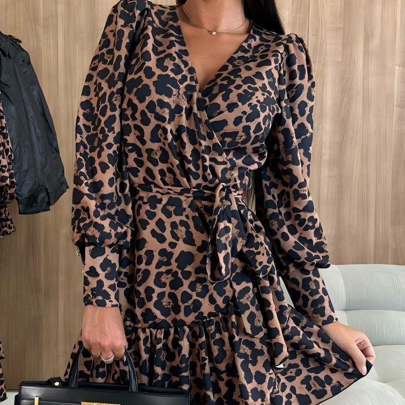 💖Begrenzter Verkauf 49 % RABATT💖Wickelkleid mit V-Ausschnitt und Bindeband im Leopardenmuster