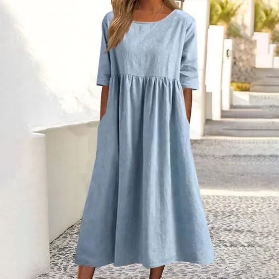 💝HEIßER VERKAUF💝Smocked Casual Cotton Kleid mit runden Necktasche für Frauen