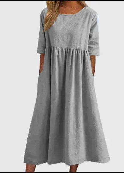 💝HEIßER VERKAUF💝Smocked Casual Cotton Kleid mit runden Necktasche für Frauen