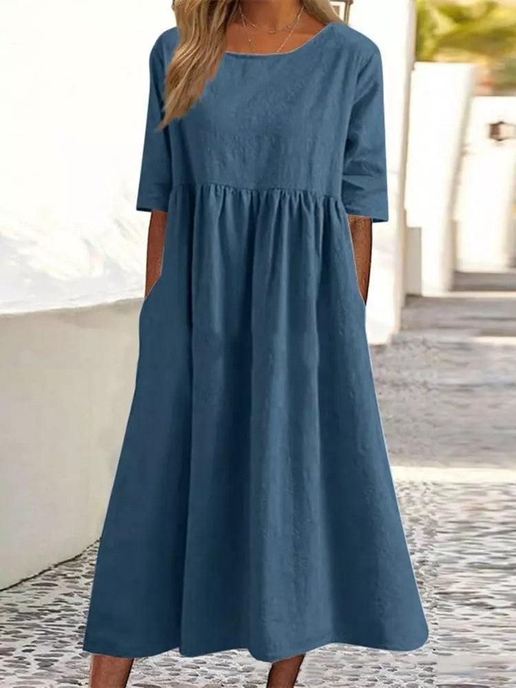 💝HEIßER VERKAUF💝Smocked Casual Cotton Kleid mit runden Necktasche für Frauen
