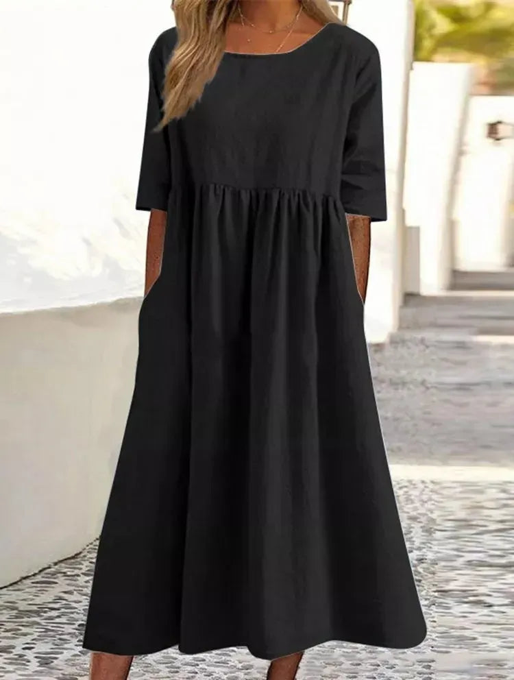 💝HEIßER VERKAUF💝Smocked Casual Cotton Kleid mit runden Necktasche für Frauen