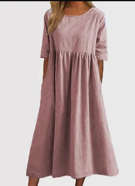 💝HEIßER VERKAUF💝Smocked Casual Cotton Kleid mit runden Necktasche für Frauen