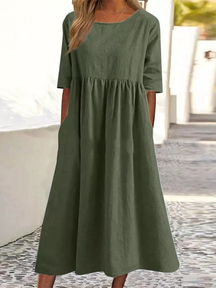 💝HEIßER VERKAUF💝Smocked Casual Cotton Kleid mit runden Necktasche für Frauen