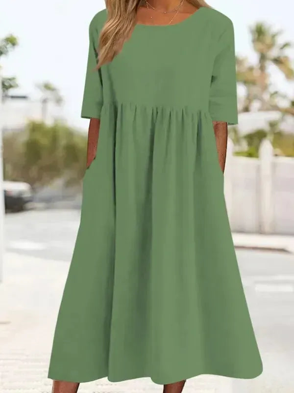 💝HEIßER VERKAUF💝Smocked Casual Cotton Kleid mit runden Necktasche für Frauen