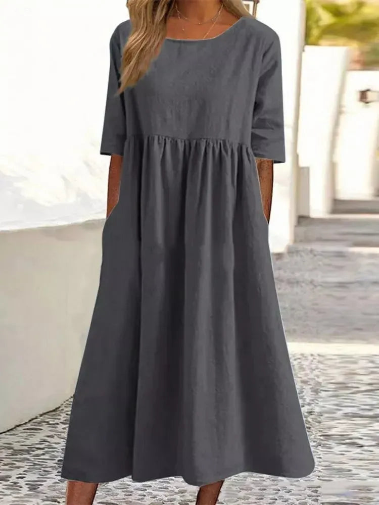 💝HEIßER VERKAUF💝Smocked Casual Cotton Kleid mit runden Necktasche für Frauen